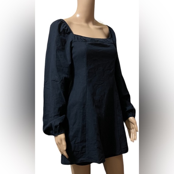 Free People A-line Linen Mini Dress Long Balloon Sleeves Black Small NWoT - Picture 2 of 11